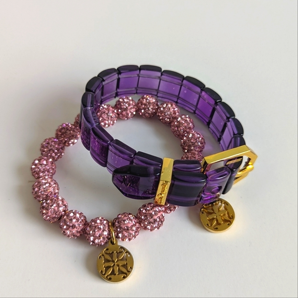 Rustic Cuff Amethyst/ Pink Stretchy Bracelet Set Buckle Motif, Shamballa Crystal